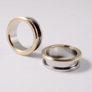 Detailed view of silver and gold plated stainless steel ear gauges and flesh tunnels