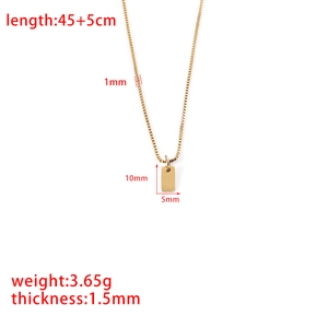 Detailed size parameters of gold stainless steel rectangular pendant necklace on white background