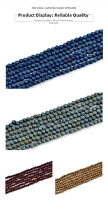 Macro detail of faceted 4mm natural agate beads in blue, gold, red, and brown colors