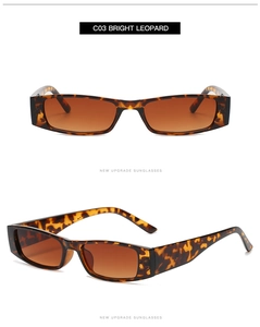 Detailed views of vintage rectangle sunglasses in bright leopard C03 with brown lenses