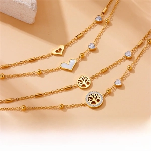 Detail of layered gold anklet with mother of pearl heart and Tree of Life charms