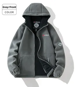 Detail of grey fleece hooded jacket with embroidered Norway flag and premium zipper