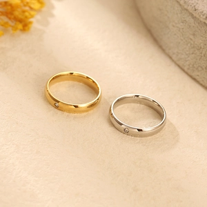 Minimalist Band Ring Stainless Steel With Zircon 18K Gold Plated Polished Geometric Plain Ring For Couples