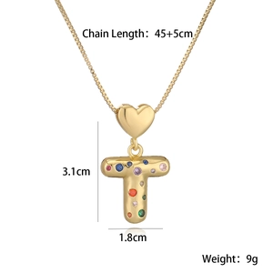 Size specifications for gold letter T pendant necklace with colorful zircon heart