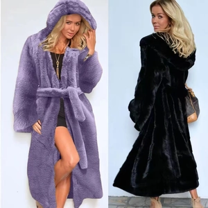 Women's long hooded faux fur coat in purple and black with waist belt