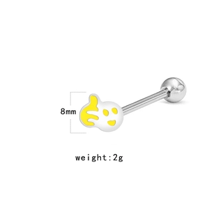 Macro detail of silver tongue ring with yellow smiley face, 8mm diameter and 2g weight