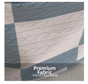 Close-up of blue and beige checkered woven fabric with a thick textured cable knit pattern