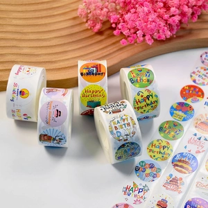 Colorful round Happy Birthday stickers roll for festive gift packaging and decoration