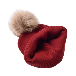 Classic wine red ribbed knit beanie with a large detachable brown faux fur pom pom