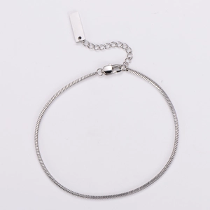 Detail view of silver square snake chain with lobster clasp and rectangle metal tag