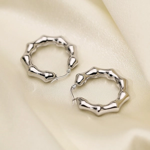 Chic silver bamboo joint U-shaped hoop earrings in polished stainless steel for women