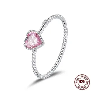 Heart Ring 925 Sterling Silver Pink Cubic Zirconia Twisted Rope Band White Gold Plated Elegant Jewelry For Women