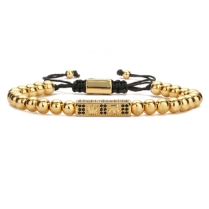Adjustable crown bead bracelet with black stones and woven cord for men and women
