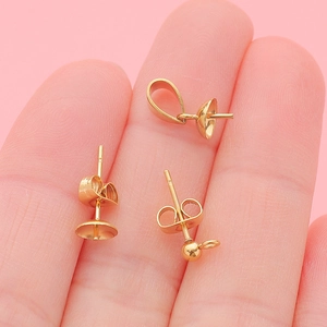 Polished 18k gold-plated stainless steel pearl pendant bails and stud earring findings