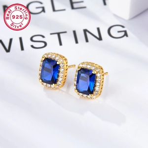 French vintage S925 sterling silver square blue zircon stud earrings in gold finish