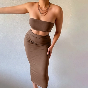 Top Bustier Sans Bretelles Et Jupe Midi Moulante Polyester Spandex Slim Fit Été Sexy Clubwear Pour Femmes