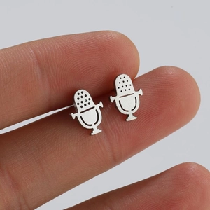 Silver microphone stud earrings for women featuring retro hip-hop style fashion jewelry