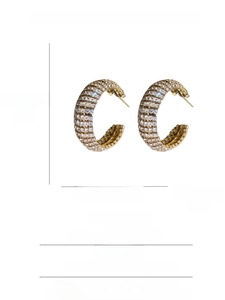 Detailed view showing 3.2cm C-shaped rhinestone hoop earrings with size measurements