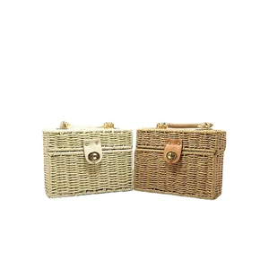 Handwoven square straw handbag in white and beige with vintage metal twist lock