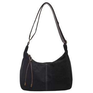 Retro black matte shoulder bag with brown adjustable strap and white contrast stitching