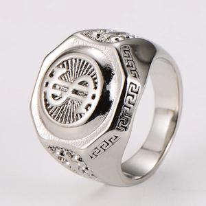 Détail de la bague en acier inoxydable argenté avec signe dollar et motif grec méandre