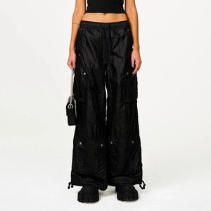 Women Cargo Pants Wide Leg Multi Pocket Shiny Nylon Cotton Streetwear Retro Lightning Embroidery Drawstring Trousers