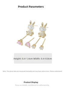Detailed size chart for rabbit, heart, and round crystal stud earrings set in gold finish
