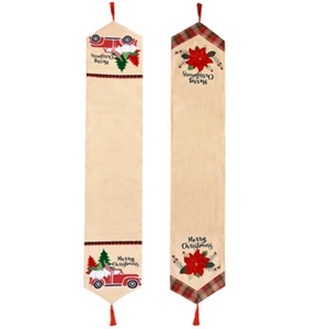 Merry Christmas table runner featuring red truck and poinsettia flowers on beige linen