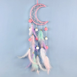 Pink moon-shaped dream catcher with rainbow feathers for wall hanging decoration