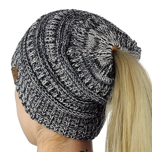 Women's cable knit marled gray messy high bun ponytail hat with open top hole