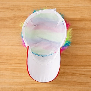 Detail of internal 100% cotton label and colorful wig stitching on the white baseball cap