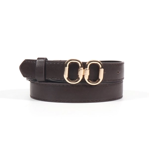Close-up of brown PU leather belt featuring a double-ring gold oval metal buckle