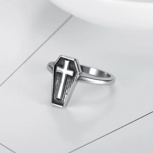 Gothic silver coffin ring with cross design and wooden texture in stainless steel
