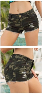 Detailaufnahme von Camouflage-Denim-Shorts mit Distressed-Details und Fransensaum