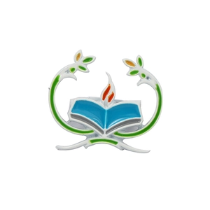 Enamel brooch badge featuring a blue open book design with a flame and green branches