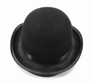 Close-up of classic black felt bowler hat featuring a satin ribbon and a rounded crown