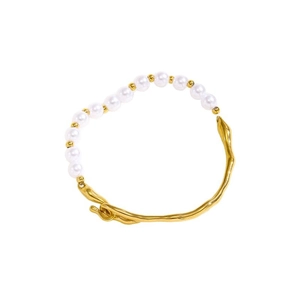 Elegant gold titanium steel bracelet with white pearls and irregular geometric metal bar