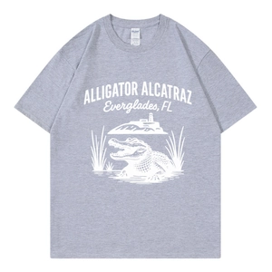 Grey crew neck t-shirt with Alligator Alcatraz print and vintage American styling