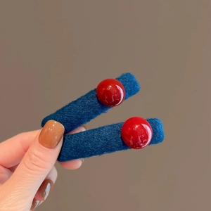 Handmade Fabric Wrapped Hair Clips With Red Resin Beads Contrast Color Side Snap Clips For Women And Girls Retro Style