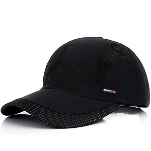 Black quick-dry sports baseball cap with breathable mesh and short brim at 45-degree angle