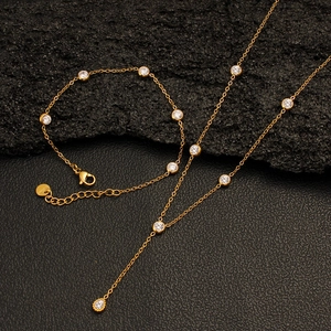 Stainless Steel Jewelry Set For Women Gold Plated Necklace And Bracelet With Round Clear Crystal Y Shape Drop Elegant