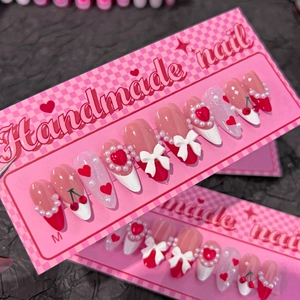 Handmade Press On Nails French Red Tip 3D Bow Heart Cherry Artificial Pearl Sweet Almond Stiletto False Nails Women