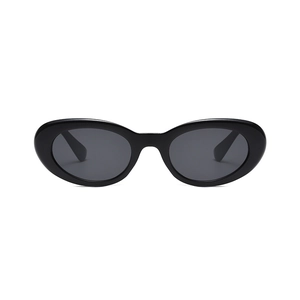 Vintage oval black frame sunglasses with dark grey lenses and a glossy plastic finish
