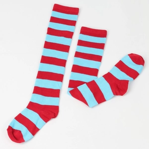 Flat lay of knit long stockings with red and blue horizontal stripes for dance