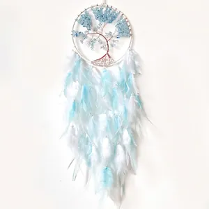 Handmade Tree of Life dream catcher with blue crystals and feathers for wall decoration