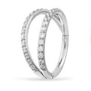 Detailed side view of silver G23 titanium double hoop ring with sparkling crystal inlay
