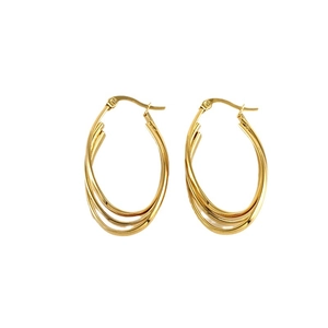 Three-layer gold-plated stainless steel hoop earrings with high-polish twisted oval design