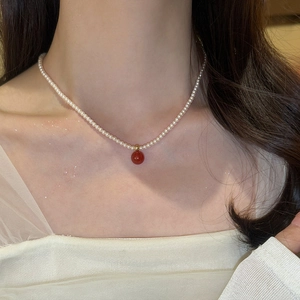 Collier Ras De Cou En Künstliche Perles Rétro Français Avec Pendentif Rond En Agate Rouge Bijoux De Mode Minimalistes Pour Femmes