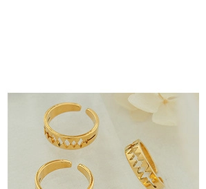 Detailed view of three adjustable 18K gold-plated rings with hollow geometric patterns