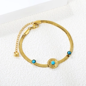 18K vergoldetes Schlangenarmband mit Türkis-Sonnenanhänger und Herz-Verlängerung